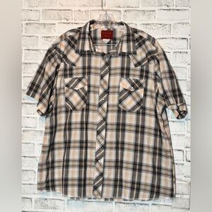 Vintage Men's Plaid‎ Short Sleeve Shirt pearl snaps pockets size XXL long tail